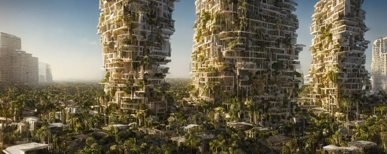 Image similar to contemporary golden babylon tower, sacred ancient architecture, hanging gardens, cascading highrise, arid mountains with lush palm forest, sunlight, post - production, octane, cgi, sfx