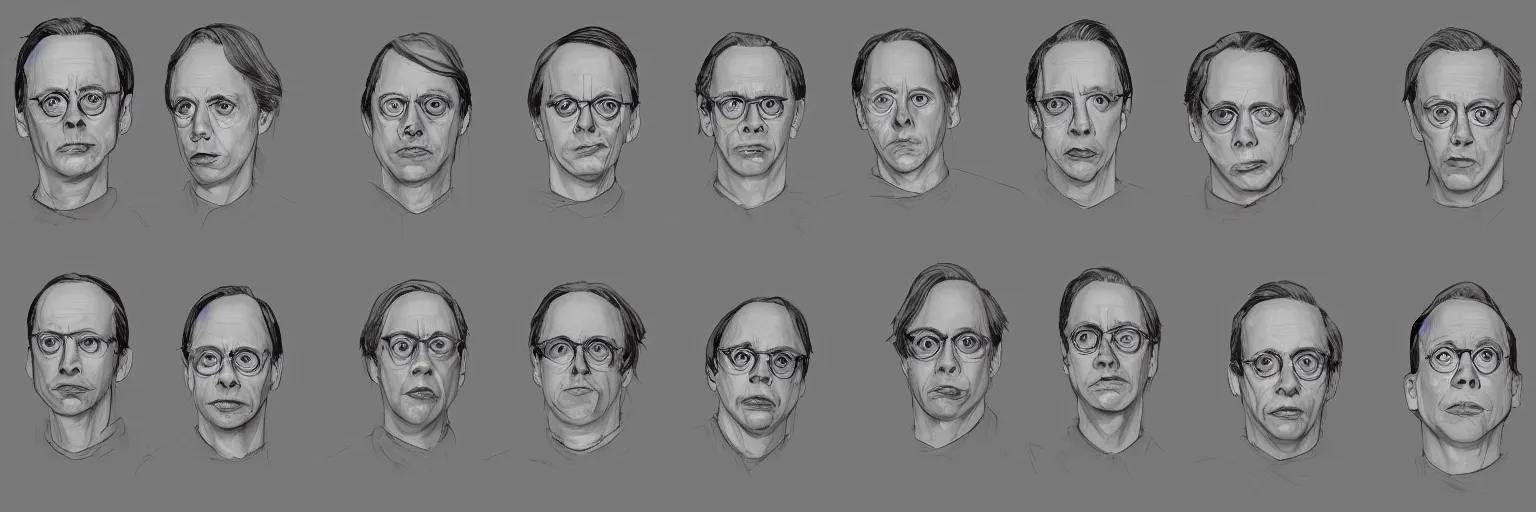 Image similar to character study of todd solondz and steve buscemi and paul dano, 2 0 2 2, clear faces, emotional, character sheet, fine details, concept design, contrast, kim jung gi, pixar and da vinci, trending on artstation, 8 k, full body and head, turnaround, front view, back view, ultra wide angle