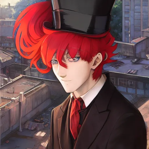 Image similar to red haired top hat wearing anime man smoking on rooftop, perfect face, portrait made by Stanley Artgerm, WLOP, Rossdraws, James Jean Andrei Riabovitchev, Marc Simonetti, Yoshitaka Amano, Artstation