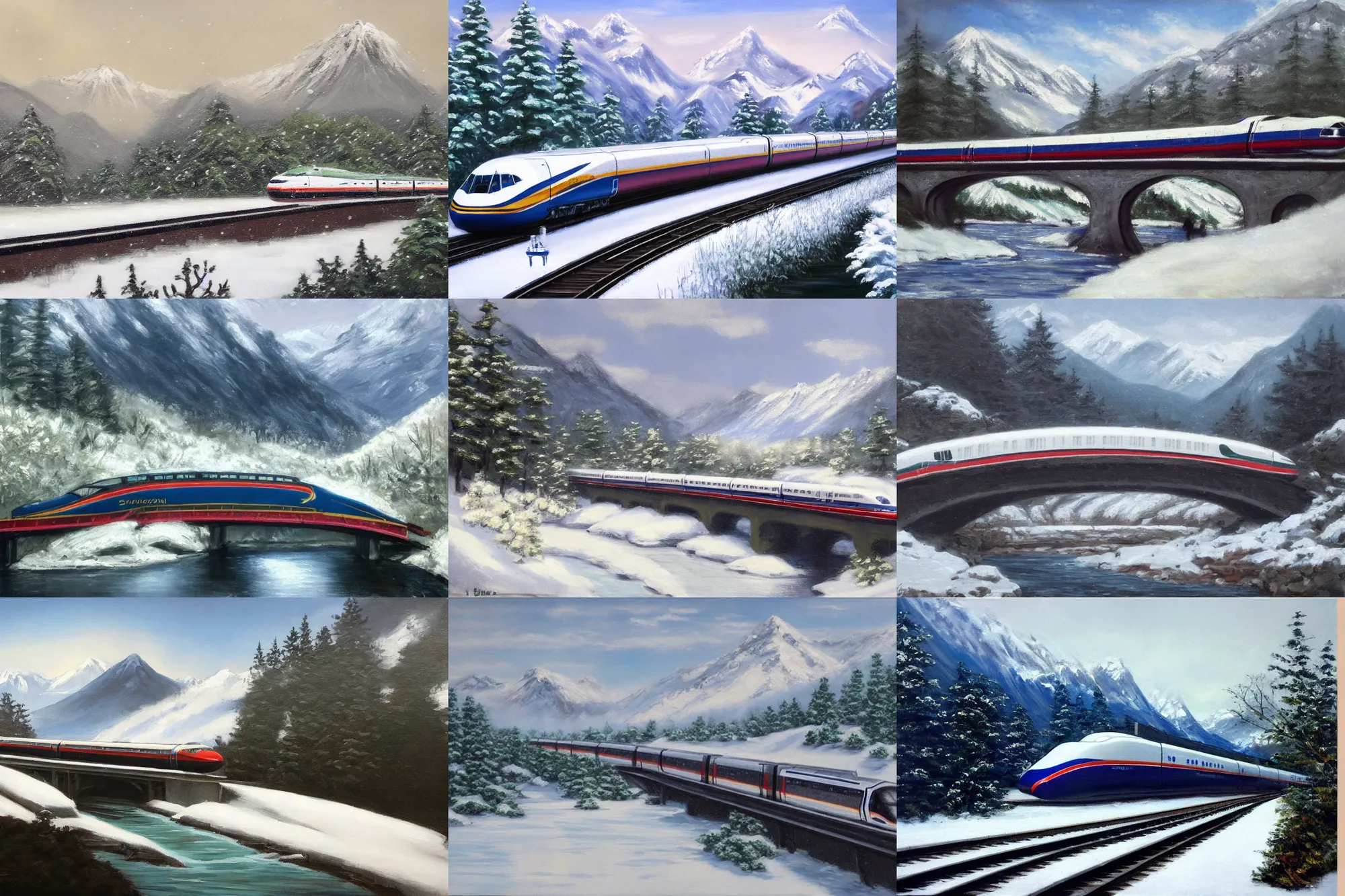 Prompt: shinkansen on a bridge over a river, about to enter a tunnel in a mountainous landscape of snow capped peaks and it is currently snowing, realistic oil painting by bob ross, smooth