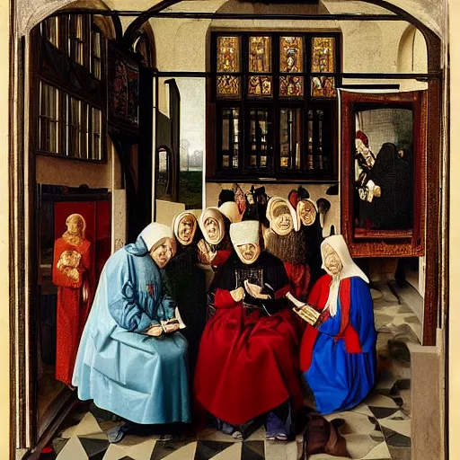 Prompt: A group of people on their smartphones, clearly-defined smartphone, in the style of Jan van Eyck