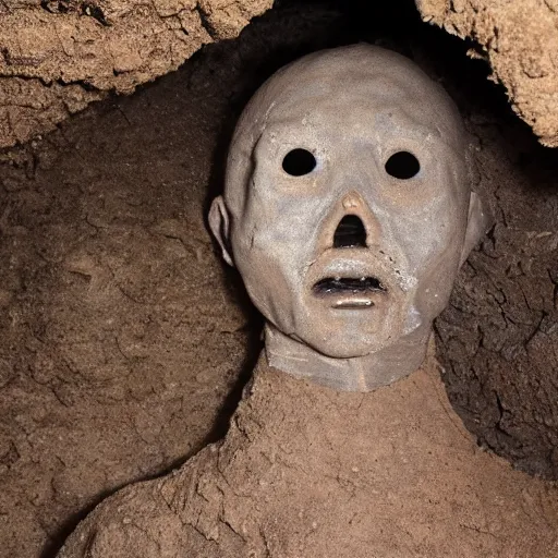 Image similar to found footage of a humanoid made of grayish clay emerging from a wall inside of a cave made of grayish clay, creepy, flash photography, unsettling, moist