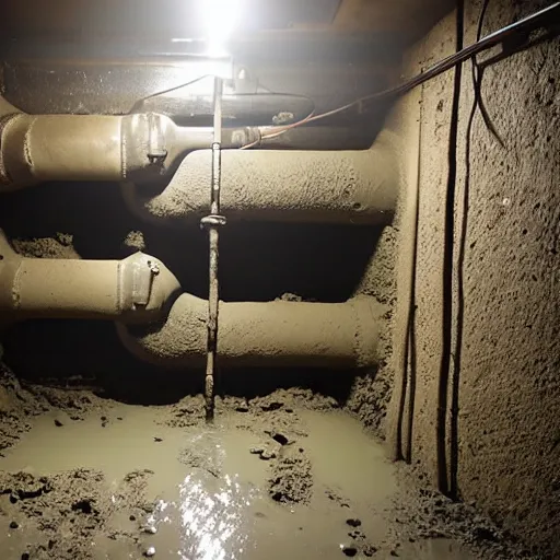 Image similar to deep underground bunker, flooded, dirty water, dense rusty pipes network, dense cables network, mold