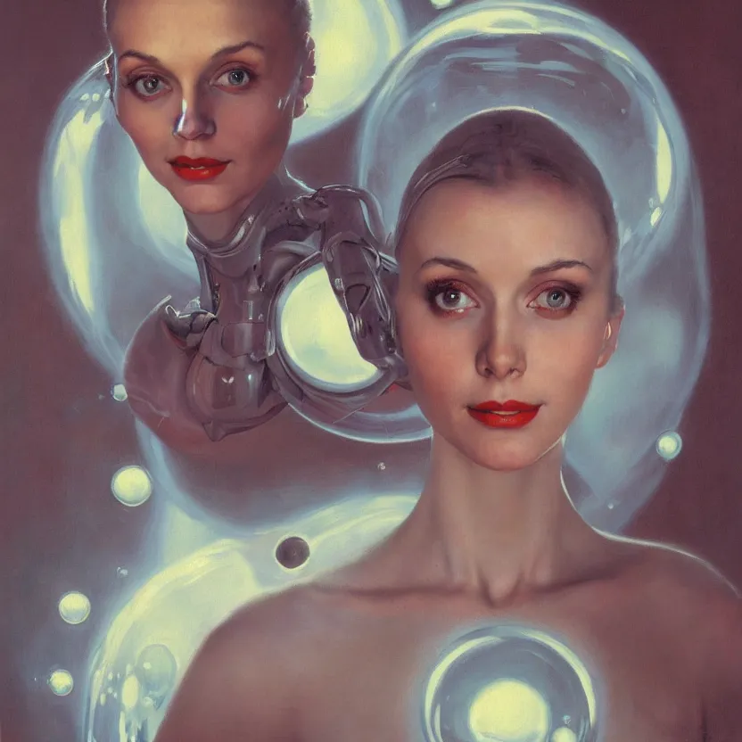 Prompt: portrait painting of a beautiful alien woman with big eyes, by norman rockwell. floating glowing bubbles. muted colors, soft gradients. dark background. trending on artstation. retrofuturism.