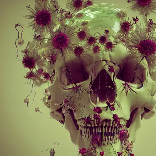 Image similar to a human Skull mutating into flowers, tentacles, unnatural shapes, jellyfish tentacles reaching out, coherent human Skull, insect, chaotic octane render, 3d digital art by beeple, unreal engine 5, award winning,