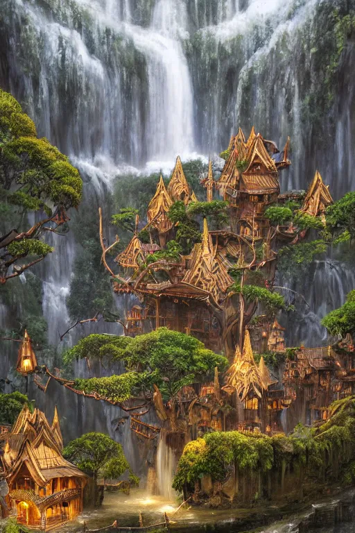 Image similar to wooden elven City with golden roofs, arches and bridges on top of a WATERFALL in the fall, gnarly trees, lush vegetation, forrest, a small stream runs beneath the waterfall, landscape, raphael lacoste, eddie mendoza, alex ross, john howe, concept art, matte painting, highly detailed, rule of thirds, dynamic lighting, cinematic, detailed, denoised, centerd, clean render