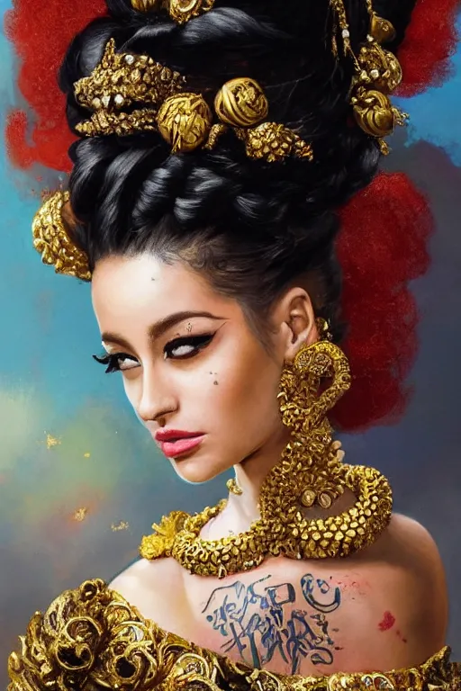 Prompt: an epic painting of arianna grande, curly messy high bun hairstyle, oriental tattoos, jeweled ornament over forehead, subject wearing a gold and black high fashion gown, flowing, ornate, beautiful, intricate, dramatic earth colors, with few fire red highlights, by jeremy mann and greg rutkowski, 8 0 mm lens, trending on artstation, oil on canvas