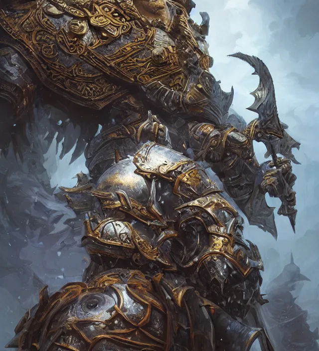 Image similar to a dungeons and dragons storm giant portrait, intricate ornate armor, subject in the middle of the frame, rule of thirds, golden ratio, elegant, digital painting, octane 4k render, zbrush, hyperrealistic, artstation, concept art, smooth, sharp focus, illustration from Warcraft by Ruan Jia and Mandy Jurgens and Artgerm and William-Adolphe Bouguerea