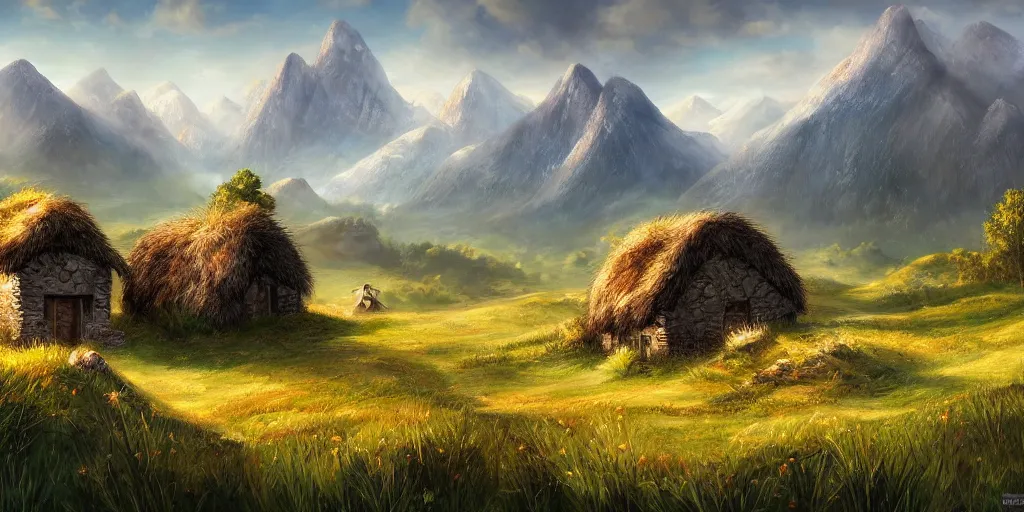 Prompt: Grassy fields with large mountains in the distance, small cottage in the foreground, landscape wallpaper, d&d art, fantasy, painted, 4k, high detail, sharp focus