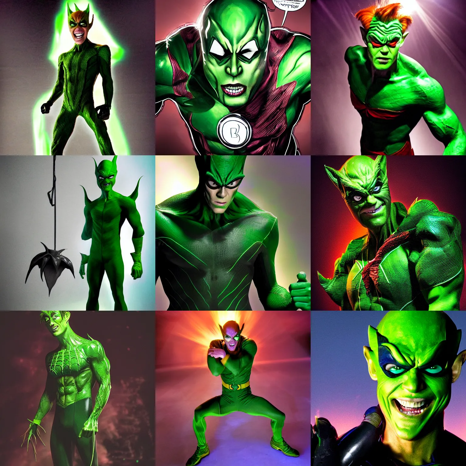 Prompt: jim carry as a the green goblin from spider man, dramatic lighting
