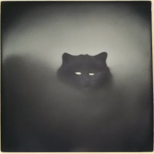 Image similar to black cloudy shadow in a cat shape, very blurry, mystical, misty, dreamy, shadow polaroid photo, by Warhol