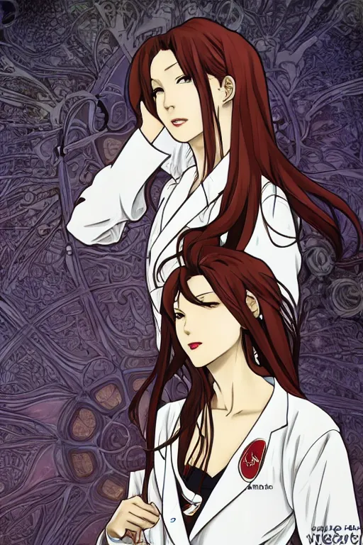 Image similar to Kurisu Makise in long lab coat tonemapped in the style of Ayami Kojima and Alphonse Mucha