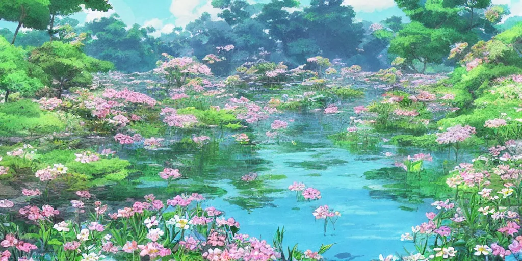 Prompt: a beautiful lake with blooming flowers, fantasy art, by studio ghibli