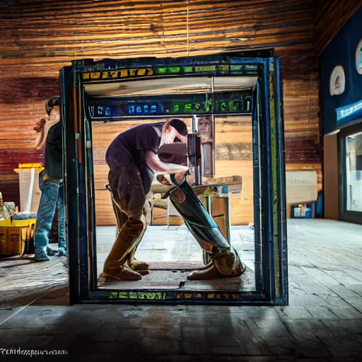 Image similar to a dlsr photo of two hobos creating a time machine from beer bottles and cardboard boxes. symmetry. awesome exposition. very detailed, 5 0 mm lens, professional lighting diffracted lightrays 4 k.