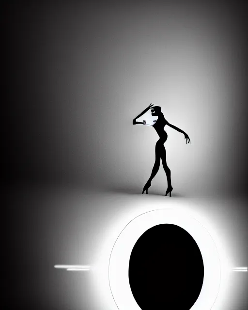 Prompt: black and white high quality photo of a beautiful futuristic dancing female human-queen-insect-cyborg looking into a sci-fi mirror:: volumetric lighting, liminal space, brutalism, foggy, dreamy, hyperdetailed, bokeh, photorealistic, cinematic, masterpiece, Metropolis, elegant, dark, octane render, 8K, by Man Ray in the style of Dora Maar