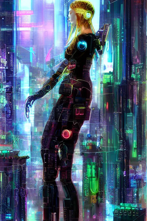 Prompt: beautiful digital oil cyberpunk style of an android girl by Arthur Hughes