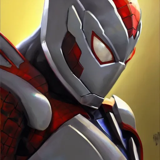 Image similar to greg manchess portrait painting of armored spiderman ultraman grey fox from metal gear cyborg gay japanese - american hybrid as overwatch character, medium shot, asymmetrical, profile picture, organic painting, sunny day, matte painting, bold shapes, hard edges, street art, trending on artstation, by huang guangjian and ail elvgren and sachin teng