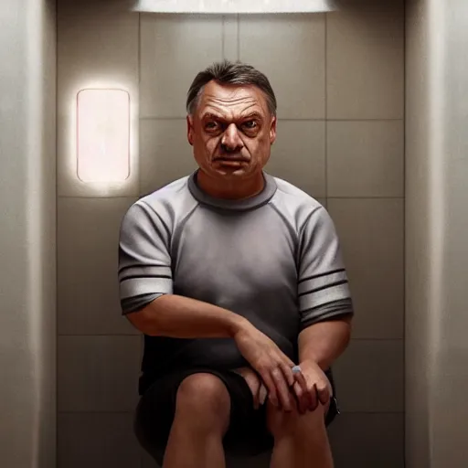 Prompt: ( ( viktor orban ) ) with realistic face sitting on the toilet and eating bacon by greg rutkowski, highly detailed, octane render, 4 k, 8 k, hdr, cgsociety, amazing lightning, masterpiece