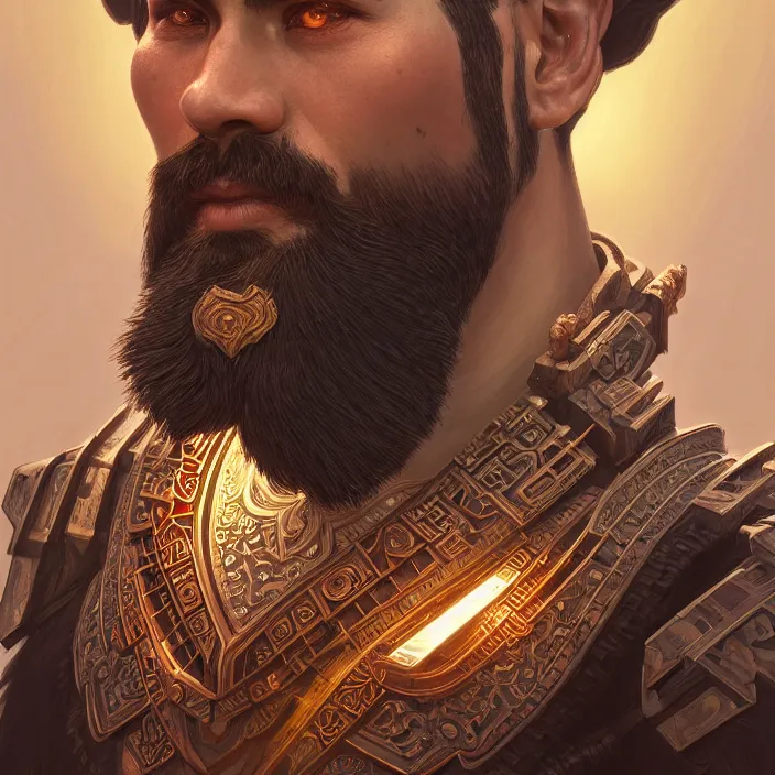 Image similar to symmetry! portrait of a bearded warrior, face decorated with chinese opera motifs, leds horizon zero dawn machine, intricate, elegant, highly detailed, digital painting, artstation, concept art, smooth, sharp focus, illustration, art by artgerm and greg rutkowski and alphonse mucha, 8 k