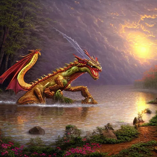 Prompt: a scene of a dragon emerging from a river and spewing locusts from its maw, digital painting, 4k wallpaper, intricate detail, masterpiece, by fitz henry lane, by Thomas Kinkade, by Moebius, by Todd Lockwood, beautiful, gorgeous, night -W 1024 -n 4