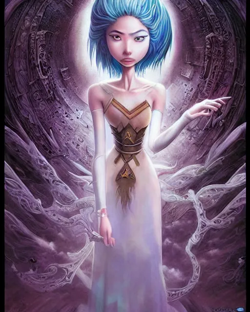 Image similar to an epic fantasy comic book style painting of a young malaysian woman, flying ice magician, lace, expressive, cold palette, dark piercing eyes, tan skin, beautiful futuristic hair style, awesome pose, character design by mark ryden pixar hayao miyazaki, ue 5