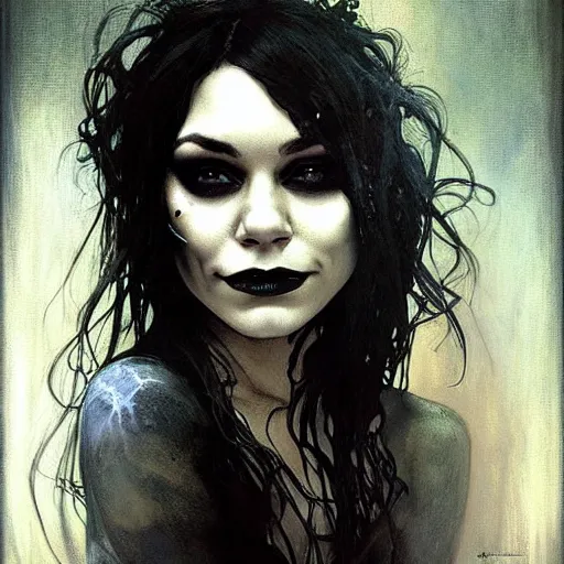 Image similar to beautiful portrait of vanessa hudgens as death from sandman, smiling, by cedric peyravernay, alphonse mucha, by jeremy mann, by lecouffe deharme, goth chic, soft lightning, eyeliner, punk rock, high detailed, 8 k