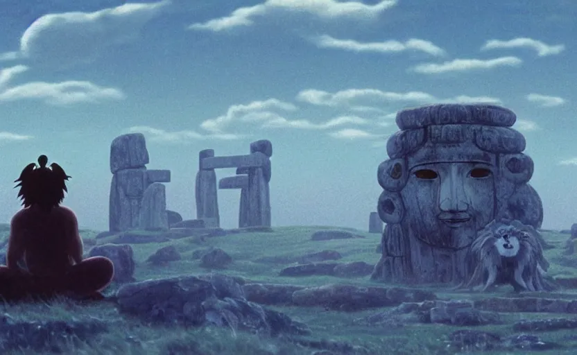 Prompt: movie still from princess mononoke ( 1 9 9 7 ) showing a highly detailed landscape with a giant long - haired buddha in lotus position with stonehenge in the background. 1 9 8 0 s science fiction, 1 9 7 0 s science fiction, cyberpunk, moody, misty, depth perception, 4 k, artstation