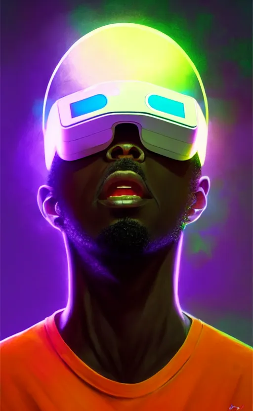 Image similar to handsome black genius hacking the metaverse, vr headset, white t - shirt and jordans floating, three dimensional holographs and translucent orange glow, highly detailed, digital painting, artstation, concept art, smooth, sharp focus, illustration, art by wlop, uang guangjian and gil elvgren and sachin teng and greg rutkowski