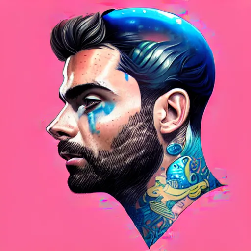 Image similar to a profile photo of a man with underwater helmet with tattoos on arm and neck, side profile in underwater, highly detailed, digital painting, artstation, illustration by Sandra Chevrier