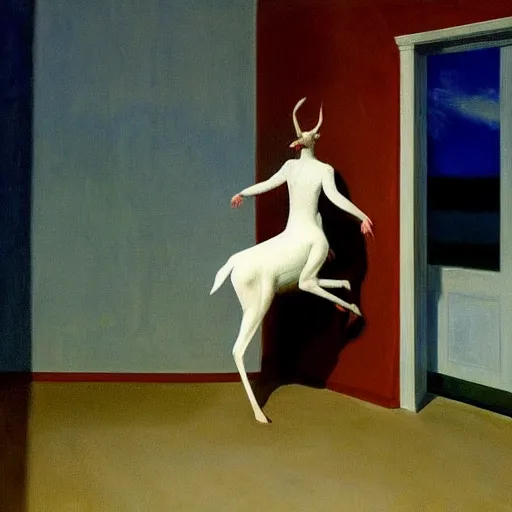 Image similar to Painting of Elle Fanning riding a white deer through the void, by Edward Hopper. 8K. Extremely detailed.