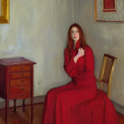 Prompt: woman wearing red, in a white room, by donato giancola.