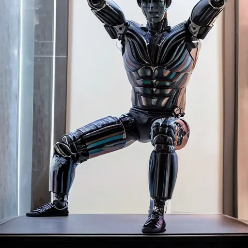 Image similar to a realistic detailed photo of a guy who is an attractive humanoid who is half robot and half humanoid, who is a male android, wrestler daton fix, shiny skin, posing like a statue, blank stare, by the pool, on display, showing off his muscles, humanoid robot, frozen ice statue