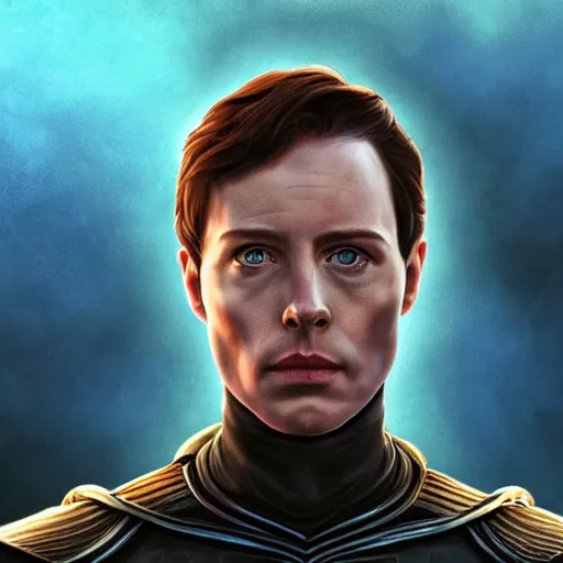 Image similar to realistic paul atreides emperor of the known universe, perfect dramatic and dark portrait by rabbitary b, trending on artstation, deviantart, dune, low angle oil painting and composition laws, dark foggy background, masculine man with thin lines on the face, completely blue eyes, denis villeneuve cinematography