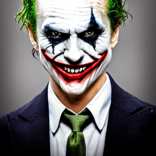 Image similar to The Joker posing from LinkedIn profile picture, professional headshot