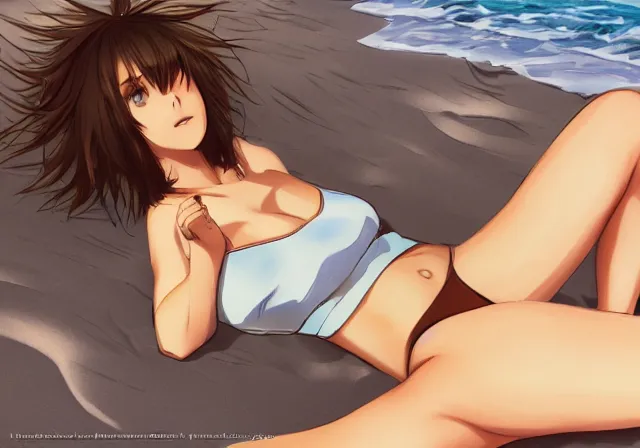 Image similar to A girl with short brown hair, wearing a swimsuit, laying on the beach drawn by WLOP, by Avetetsuya Studios, attractive character, colored sketch anime manga panel, trending on Artstation