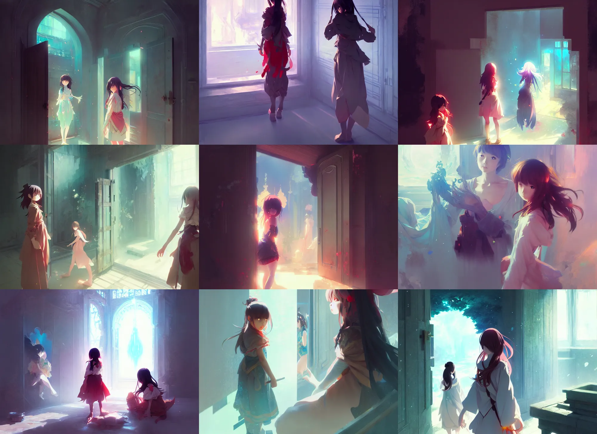 Prompt: girls opens a door to another world anime, digital painting, concept art, trending on artstation, pixiv, art by ruan jia and hong soonsang