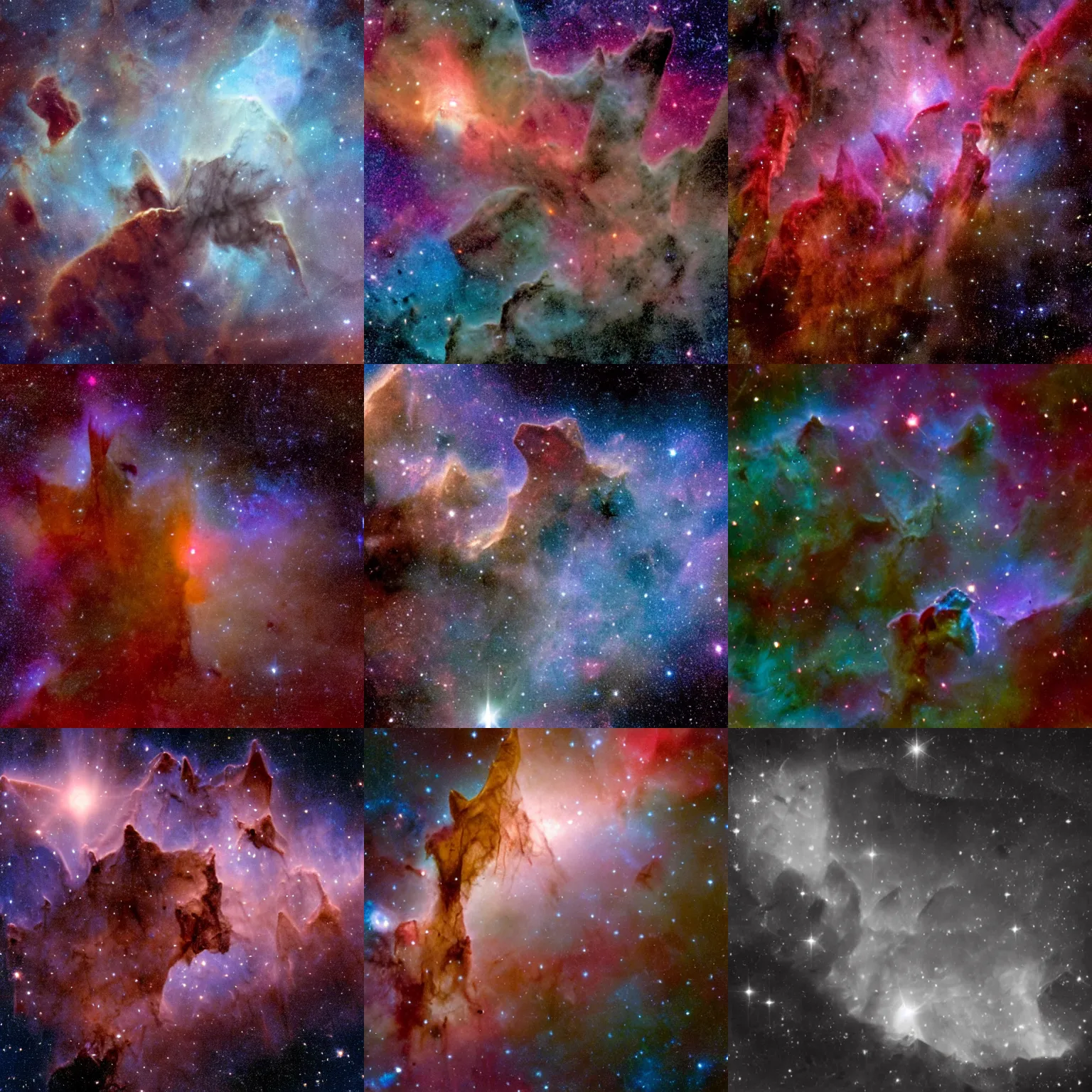 Prompt: What looks much like craggy mountains on a moonlit evening is actually the edge of a nearby, young, star-forming region NGC 3324 in the Carina Nebula. Captured in infrared light by the Near-Infrared Camera (NIRCam) on NASA’s James Webb Space Telescope, this image reveals previously obscured areas of star birth.
