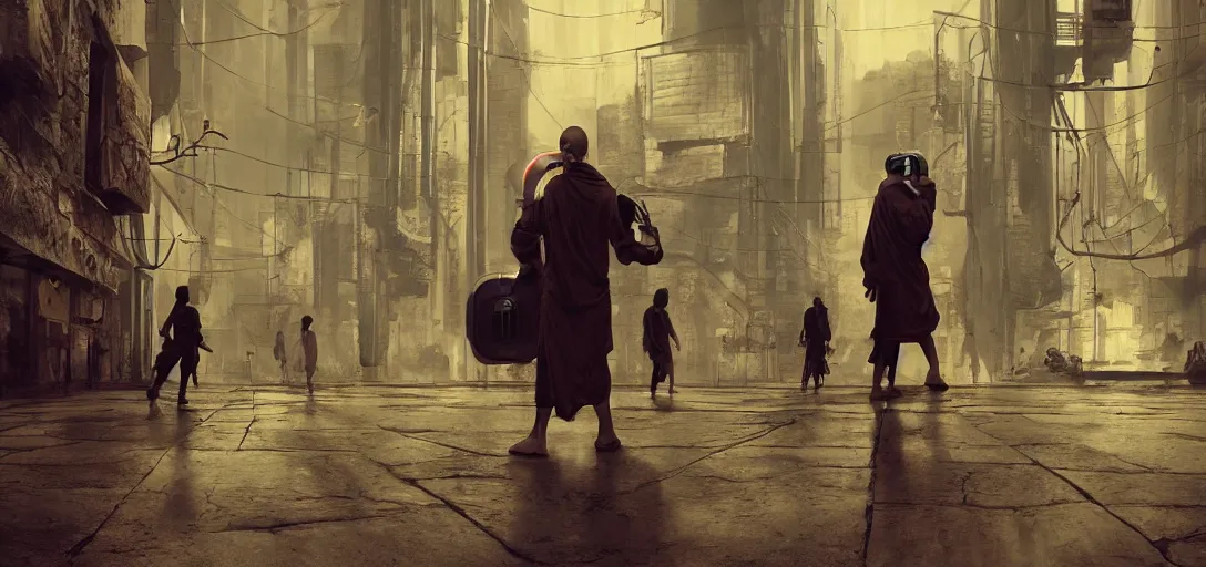 Image similar to monk meditation in a cyberpunk world with people walking around wearing vr headset by eugene von guerard, ivan shishkin, concept art, trending on artstation