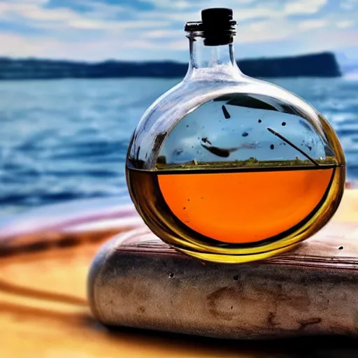 Image similar to A Ship inside a bottle lying on the table, perfect definition,