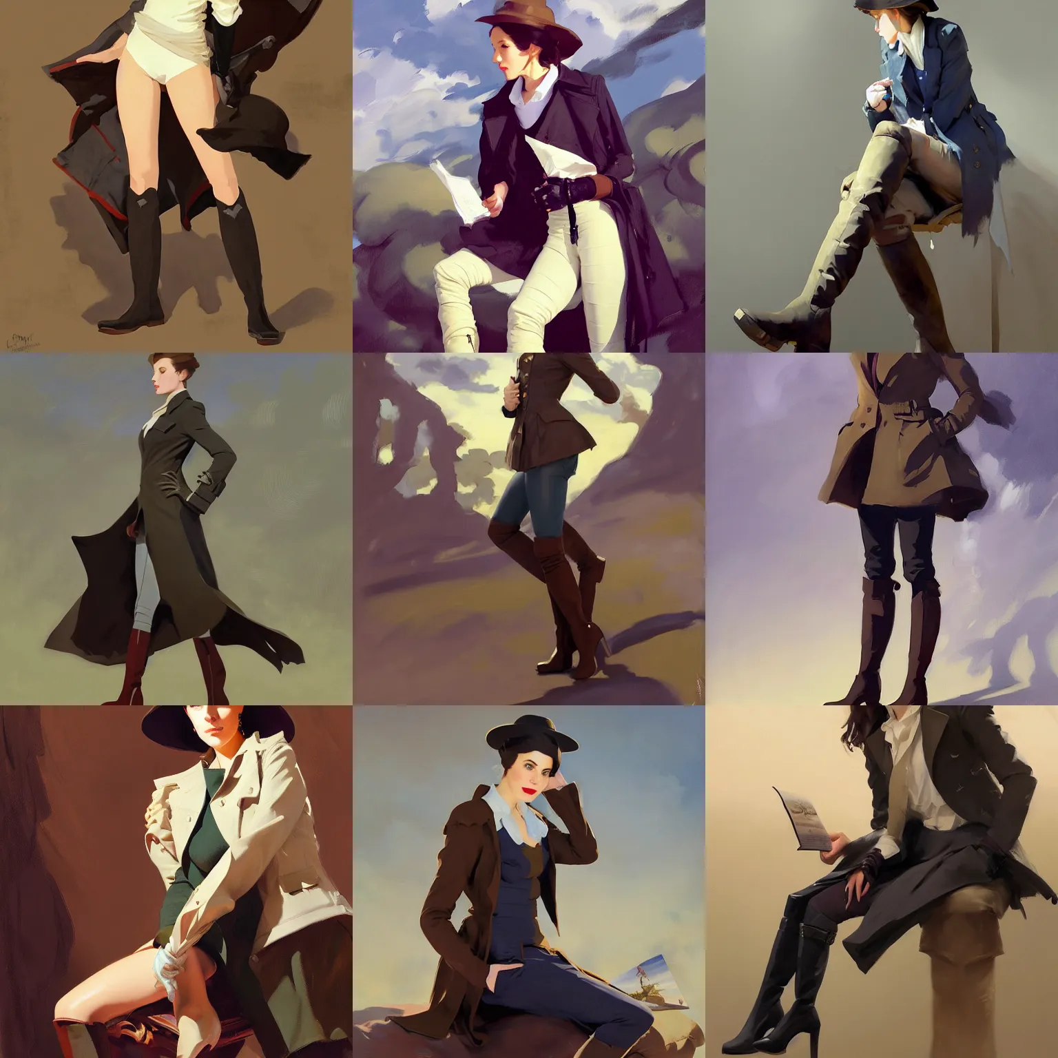 Prompt: cloth fabric jodhpurs knee high boots travel coat fashion, portrait in sitting pose, greg manchess painting by sargent and leyendecker, studio ghibli, fantasy, asymmetrical, intricate, elegant, matte painting, illustration, hearthstone, by greg rutkowski, by greg tocchini, by james gilleard, by joe fenton