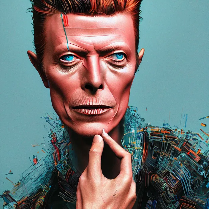 Image similar to David Bowie. intricate artwork. by Tooth Wu, wlop, beeple, dan mumford. concept art, smooth, sharp focus, high detail, octane render, 8k, iridescent accents, deep blacks