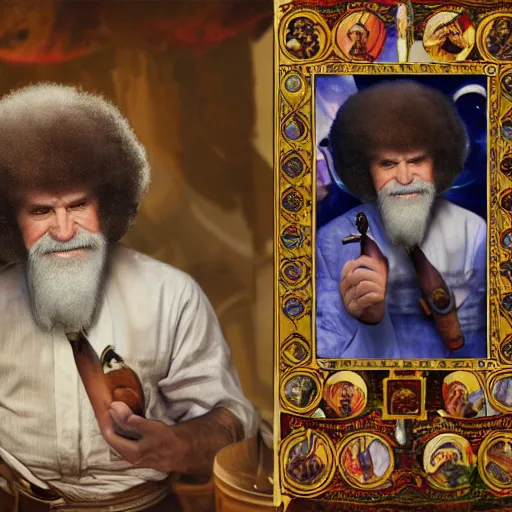 Image similar to an ultra detailed tarot card of bob ross smoking a pipe and dressed as a fantasy bard, d & d, epic fantasy, concept art by alphonse mucha and greg rutkowski, octane render, 8 k, detailed face