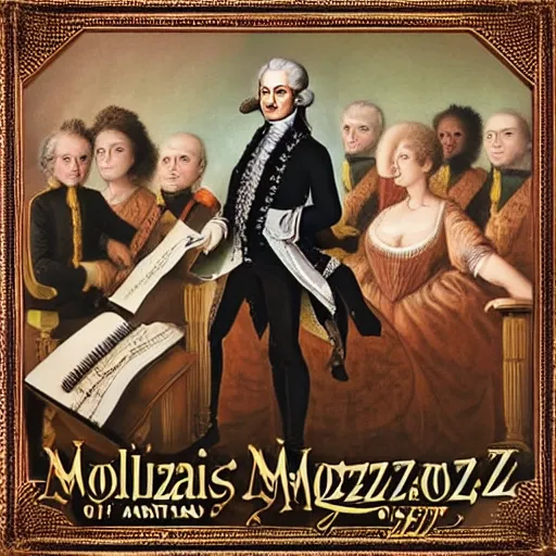 Prompt: wolfgang amadeus mozart and his band on the album cover of a contemporary metal band, hyperdetailed, realistic, award winning