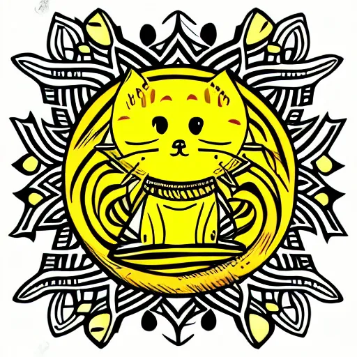 Image similar to tattoo sketch of a cat hugging the sun, on a yellow paper, african ornament, line art, vector