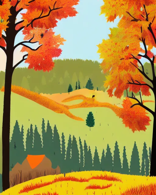 Prompt: autumn hillside boy hiking illustration detailed, matte print