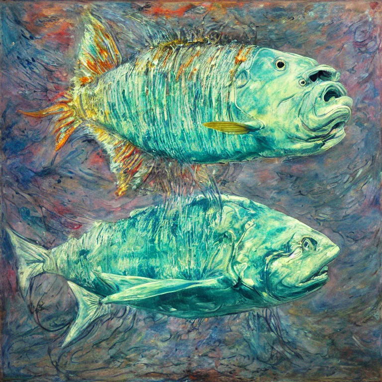 Prompt: Realistic Studio Photograph of a deep sea chimaera fish deep underwater, award-winning nature deep sea expressionistic impasto oil painting by Cy Twombly and Tim Hawkinson vivid colors hyperrealism 8k