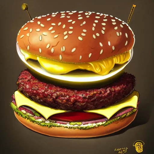 Prompt: a monster with a hamburger head on a suit, hamburger monster, burger face, burger with human eyes, burger with a mouth, very detailed eyes, character concept art, fantasy, intricate, fantasy drawing, illustration, highly detailed, hyperrealistic, cgsociety, artstation, oil painting by greg rutkowski