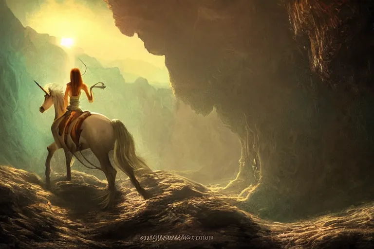 Image similar to An adventurer explores a deep abyss, unicorns, fantasy, realistic, muted colours, digital art, golden hour, dramatic