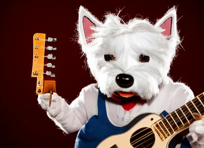 Image similar to photo still of an anthropomorphic westie!!!!!!! shredding a guitar on stage, 8 k, 8 5 mm f 1. 8, studio lighting, rim light, right side key light