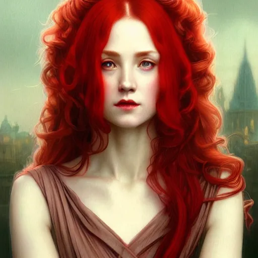 Image similar to long fancy red hair aristocrat, portrait, gentle, solemn face, cloth, female, city background, d & d, fantasy, intricate, elegant, digital painting, red green color palette, artstation, octane render, concept art, matte, sharp focus, illustration, herrarthstone, art by artgerm and greg rutkowski and alphonse mucha